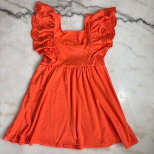 Btween Girls Size 5 Orange Dress Ruffle Flutter Sleeve Eyelet Square Neck Summer